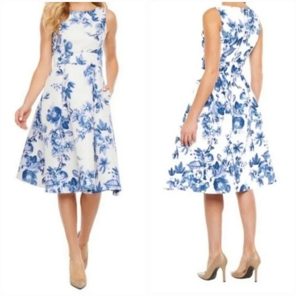 Danny & Nicole | Dresses | Danny Nicole Dress 8 Blue Ivory Floral Fit Flare  Pleated Pockets Sleeveless | Poshmark